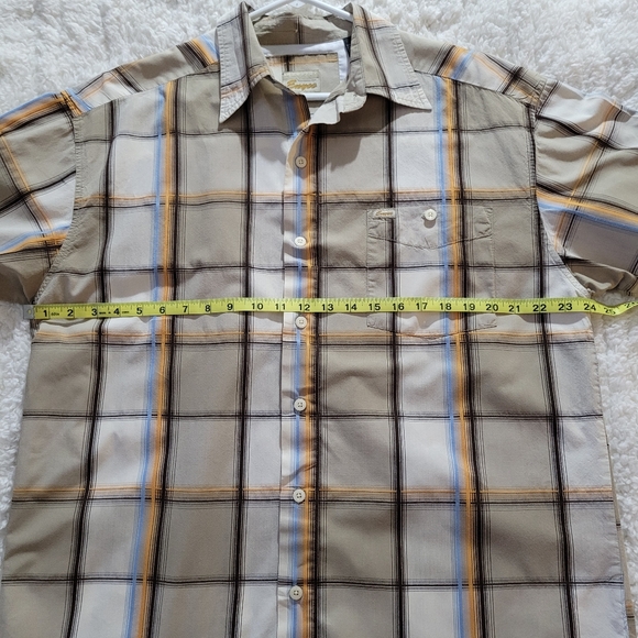 Men's Enyce Size Medium Short Sleeve Button-down Plaid Shirt Tan w/Gold & Blue - Picture 11 of 13